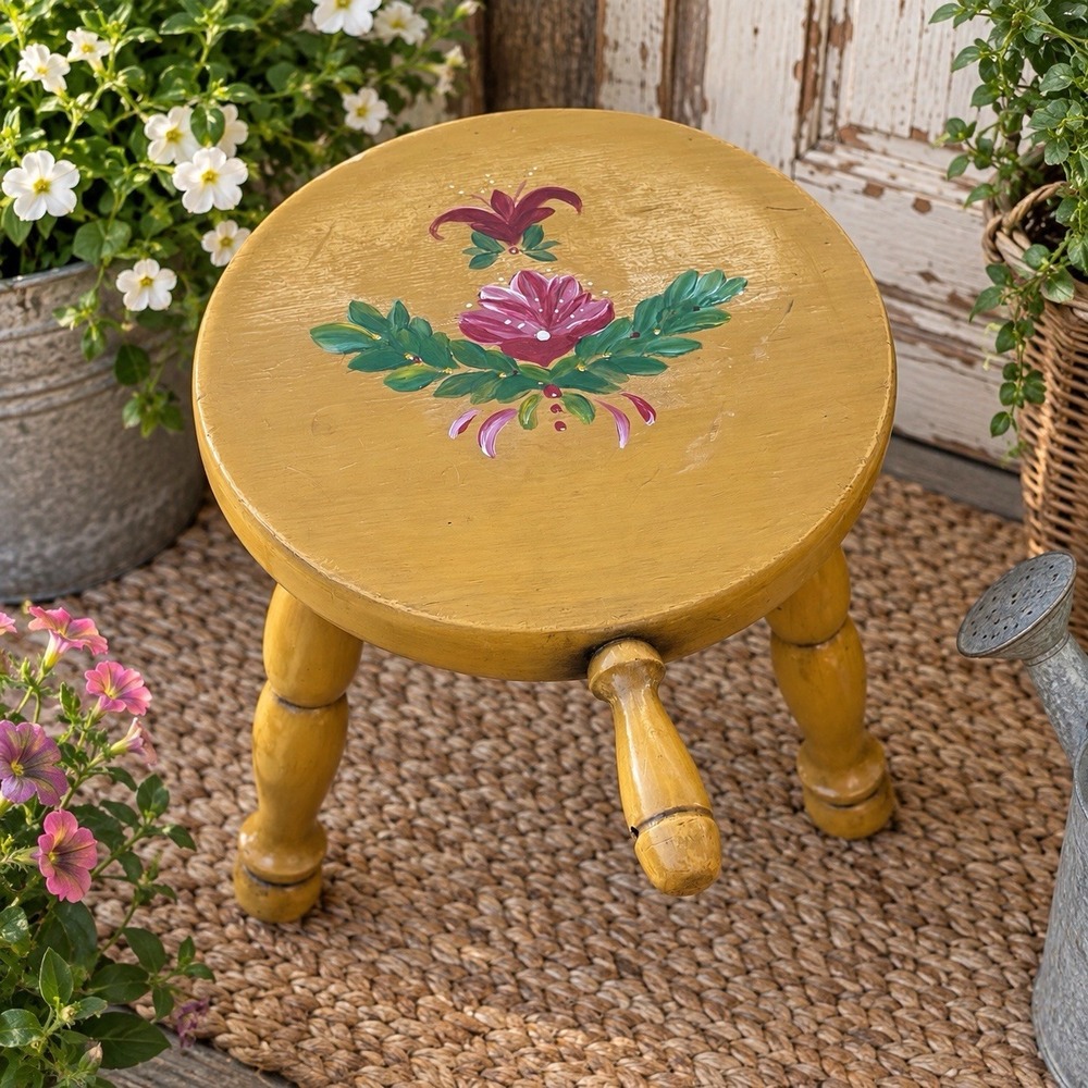 Hand Painted Floral Wood Milking Stool Ochre Yellow Turned Leg Cottagecore Folk
